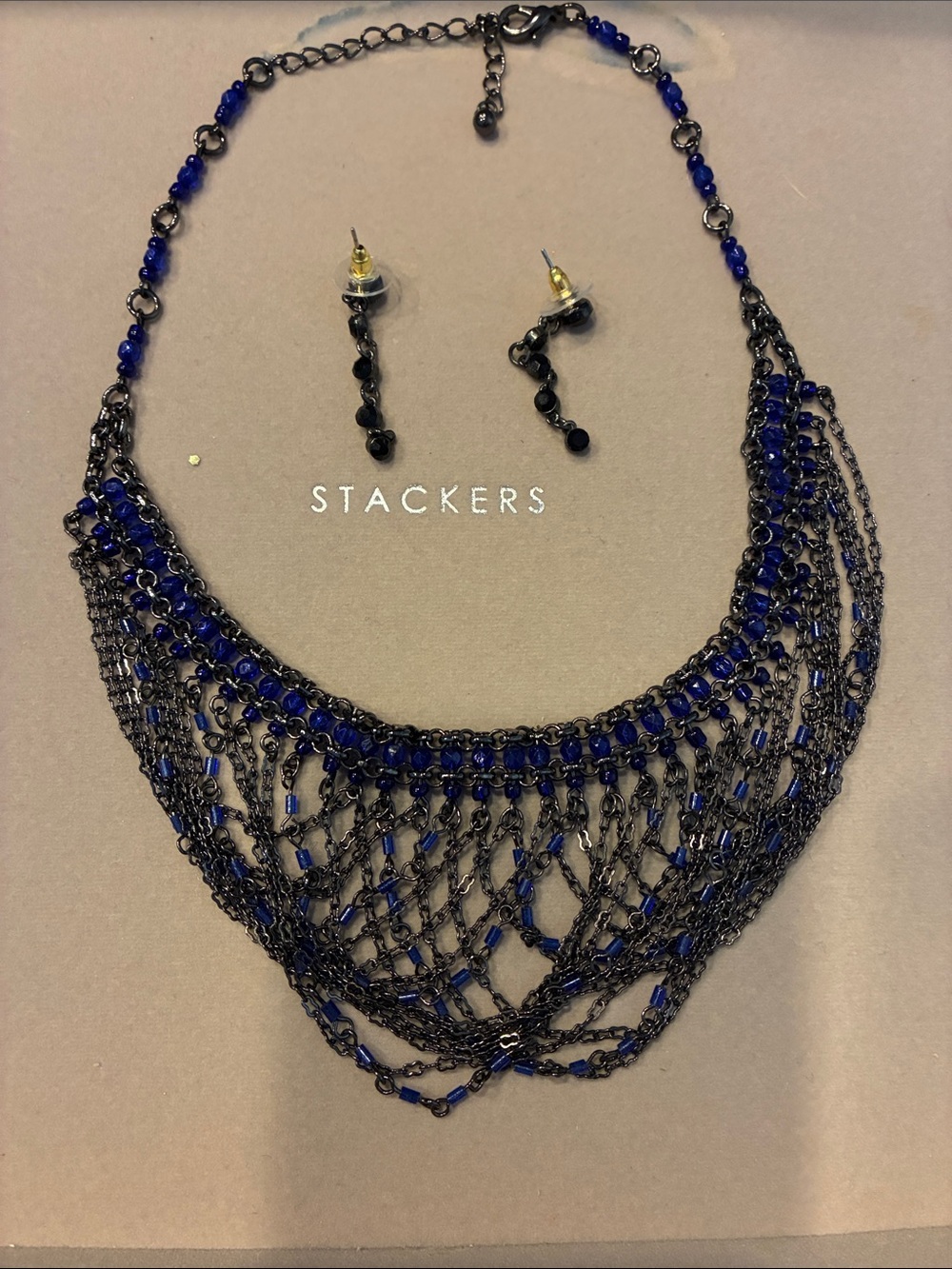 Vintage Look Blue and Black Multi-Row Beaded Necklace with Earrings